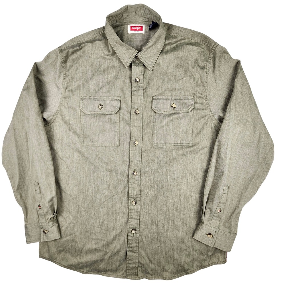 Wrangler‎ Mens Comfort Flex Soft Denim Twill Long Sleeve Button Up Green Size L